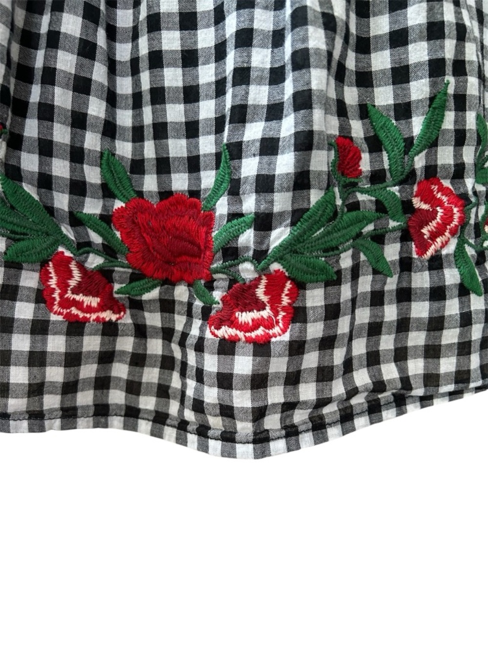 Miss Lili Boho Black White Gingham Off Shoulder Embroidered Peasant Blouse Sz L - Picture 3 of 9